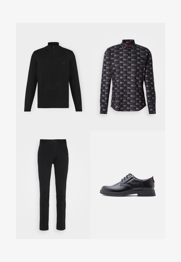 Must pikkade varrukatega pullover kõrge kaelusega ja poole lukuga, soonikkoes varruka- ja alaäär, vasakul rinnal väike "BOSS" logo.; Mustuga vest mustmusta, millel on korduv "HUG" tekst erinevates toonides. Omab kraed, pikki varrukaid ja musti nuppe. Sile tekstuur.; Mustad mustadest puuvillast chinos, kitsas lõige, tavaliselt vöökoht, esiosad ja üks taga tasku. Sile tekstuur ja minimaalne detailide hulk.; Mustad nahast paeltega kingad, millel on sile tekstuur, ümar nina ja peen õmblusdetail. Kandjal on punane tõmblint kandlas.