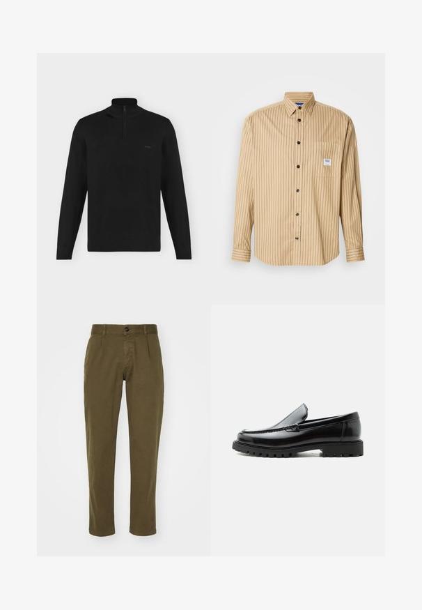 Pull noir à manches longues avec col montant et demi-zip, poignets et ourlet côtelés, avec petit logo "BOSS" sur la poitrine gauche.; Chemise à boutons couleur fauve avec des rayures verticales noires, un col pointu, une poche poitrine unique et des boutons noirs. Fabriquée en tissu léger.; Pantalons en coton vert olive avec une coupe droite, dotés d'une fermeture à bouton à l'avant, de passants de ceinture et de poches latérales. Texture lisse.; Mocassin en cuir noir avec semelle en caoutchouc épaisse, dessus cousu et nom de marque embossé sur le talon, présenté de profil sur fond blanc.