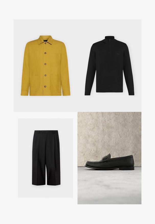 Pull noir à manches longues avec col montant et demi-zip, poignets et ourlet côtelés, avec petit logo "BOSS" sur la poitrine gauche.; Veste jaune moutarde à manches longues avec col, quatre boutons devant et trois poches avant sur fond uni.; Pantalon noir à jambes larges et courtes avec passants de ceinture et plis avant, présenté sur un fond clair uni.; Mocassin en cuir noir avec détail de mors en métal, présenté au-dessus d'un tapis beige, avec une table ronde marron en arrière-plan.