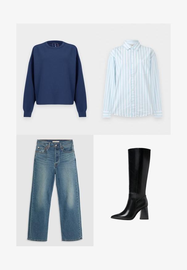 Marineblauer Pullover, Rundhalsausschnitt, lockere Passform, lange Ärmel, weiches Baumwollmaterial, gerippte Bündchen und schlichtes, schmuckloses Design.; Hellblaues und weißes, vertikal gestreiftes Hemd mit langen Ärmeln, Knopfleiste, Brusttasche und klassischem Kragen.; Hellblaue Denim-Jeans mit geradem Bein. Zu den Merkmalen gehören ein gestickter Bund, fünf Taschen und sichtbare Verfärbungen.; Knöchelhohe schwarze Lederstiefel mit spitzem Schuhkopf, glatter Textur und einem stabilen, profilierten Blockabsatz. Schlankes Design mit minimalen Akzenten.