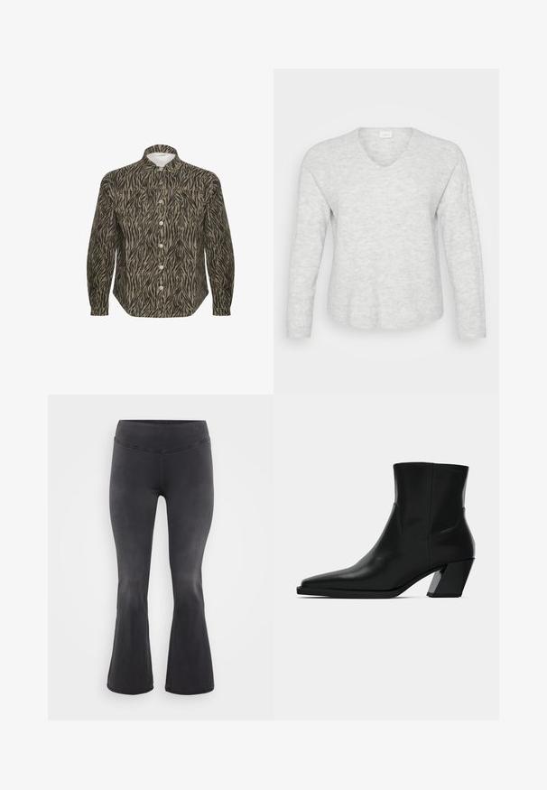 Pull long ajusté gris clair à manches longues avec une texture côtelée, un décolleté en V et un ourlet légèrement courbé. Matériau doux avec de subtiles variations de motifs.; Chemise à boutons dans un motif zèbre beige et noir, avec un col structuré, des manches longues et des boutons avant bien en évidence.; ONLY Carmakoma Flared fit CARROYAL Mid waist - Jean flare - washed black; Bottine en cuir noir avec un bout pointu, une silhouette élégante et un talon carré massif. Texture lisse avec des détails de couture minimalistes.