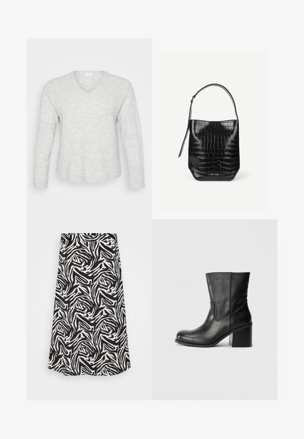 Lys grå langærmet sweater med ribbet tekstur, V-hals og en let buet kant. Blødt materiale med subtile mønstervariationer.; Sorte og hvide nederdel med et snurrende zebra mønster, med en lige skæring og nederste kant. Fremstillet af et glat, letvægtigt stof.; Sort læderankelstøvle med rundet tå, sidesømme og en chunky blokhælk. Glat tekstur og minimalistisk design.; Sort spandtaske i krokodillepræget læder med enkelt skulderrem og lille sølvfarvet mærkelogo foran nederst i midten.