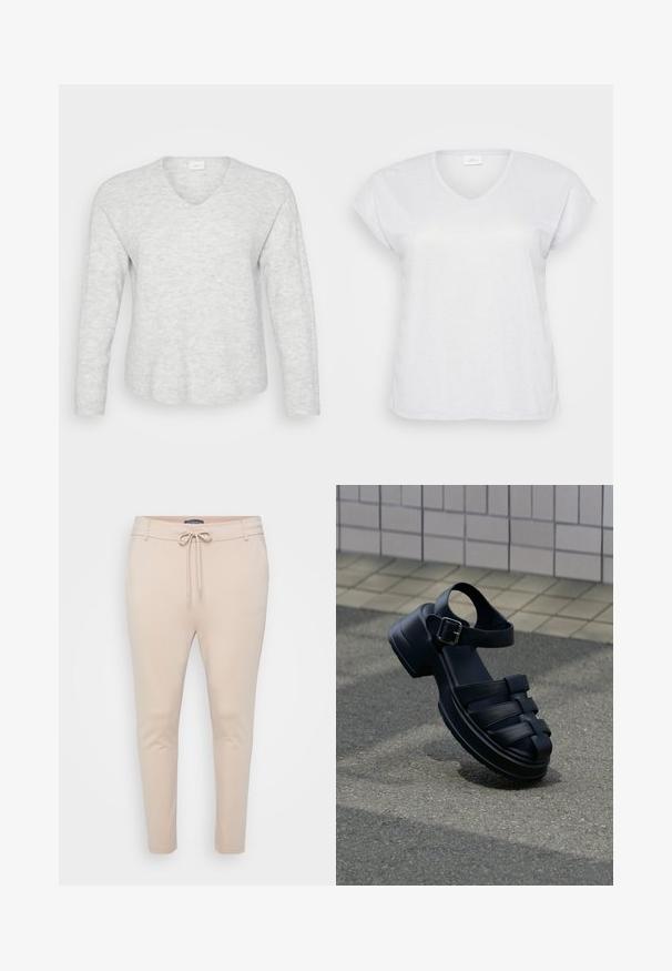 Suéter de manga larga gris claro con textura acanalada, escote en V y dobladillo ligeramente curvado. Material suave con variaciones sutiles en el patrón.; Camiseta blanca de manga corta y escote en V con una sutil textura brillante, que presenta un corte holgado y sin patrones ni acentos visibles.; Pantalones jogger ligeros beige con cintura ajustable mediante cordón y dos bolsillos laterales. Textura suave, piernas ajustadas y detalles de costura mínimos.; Sandalia de cuero negro con punta cerrada, correa en el tobillo, hebilla de metal, suela gruesa, descansando sobre pavimento gris cerca de una pared con azulejos.
