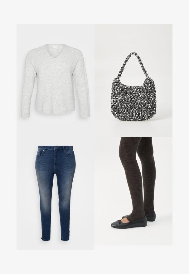 Hele hall sweatshirt, pikkade varrukate ning soonikkoega, V-kaelusega ja kergelt kaarduva hemiga. Pehme materjal koos peente mustrimuutustega.; Tumed denim teksad, sobiva disainiga, viie tasku, kontrastses õmbluses ja lukuga detailiga sääreosas.; Jalad seljas tumedad soonelises soonelises kombines mustade baleriinadega, millel on väikesed paelade detailid valgel taustal.; Mustri kott musta ja valgega, ümar kuju, tekstureeritud pind ja punutud käepide. Sobib igapäevaseks kasutamiseks.