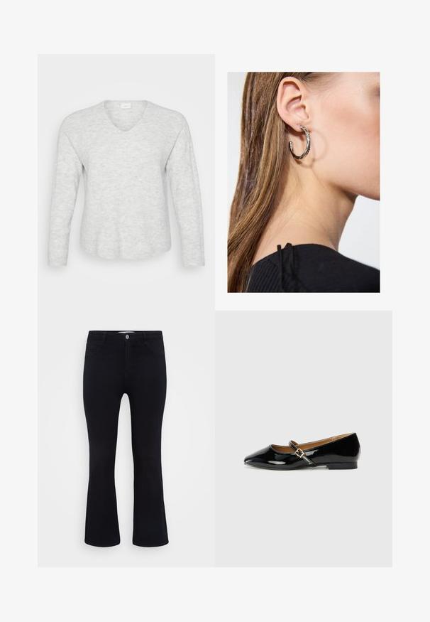 Lys grå langærmet sweater med ribbet tekstur, V-hals og en let buet kant. Blødt materiale med subtile mønstervariationer.; ONLY Carmakoma Flared fit CARTHUNDER Mid waist - Flared jeans - black denim; Sorte patenterede lædersko med spids tå, ankelrem med en guldfarvet spænde og en lav blokhæle. Glat, skinnende overflade.; Sølv hoop ørestik med en poleret overflade, prydet med små guld accenter og en rund form, båret på øreflippen.