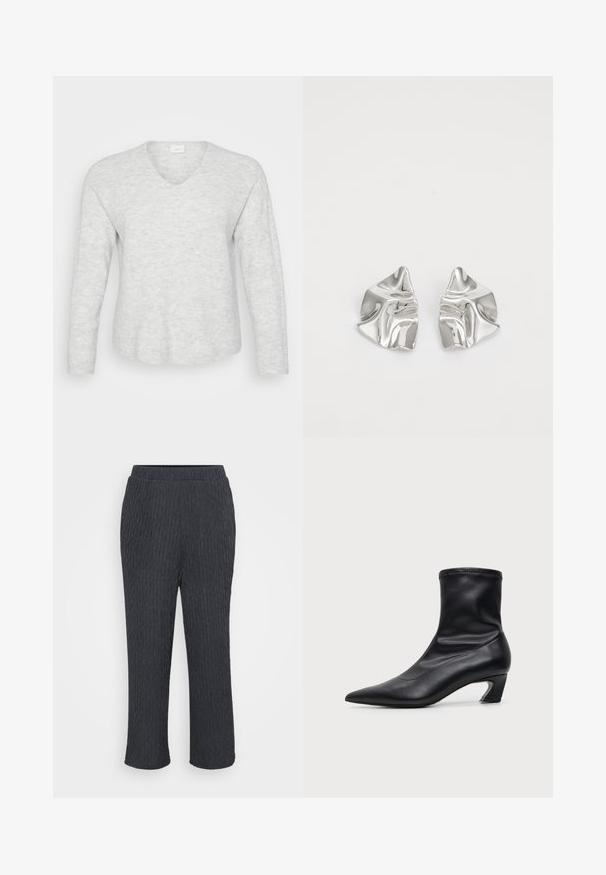 Pull long ajusté gris clair à manches longues avec une texture côtelée, un décolleté en V et un ourlet légèrement courbé. Matériau doux avec de subtiles variations de motifs.; Pantalons gris foncé avec un design texturé et côtelé, dotés d'une taille élastique et de jambes fuselées. Fabriqués en matériau léger et doux.; Botte mi-mollet en cuir noir avec bout pointu et talon bas courbé, vue de profil sur fond clair uni.; Boucles d'oreilles en métal argenté avec un design ondulé et sculptural, présentant une finition polie et des formes irrégulières, mettant en valeur une esthétique contemporaine.