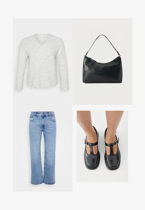 Lys grå langærmet sweater med ribbet tekstur, V-hals og en let buet kant. Blødt materiale med subtile mønstervariationer.; Lysblå vidde jeans lavet af denim, med fem lommer, en frontlynlås og en knaplukning. Subtile syninger langs sømmene.; Sorte lædersko med T-rem-design, lukket tå og sølvfarvede spændeaccenter. Glat tekstur med rundet tå og flad sål.; Sort skuldertaske i struktureret læder med buet toplynlås og enkelt justerbar rem mod ensfarvet baggrund.