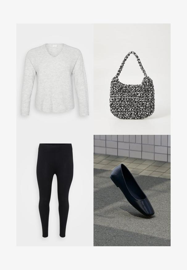 Lys grå langærmet sweater med ribbet tekstur, V-hals og en let buet kant. Blødt materiale med subtile mønstervariationer.; Sorte leggings med en glat tekstur, høj talje og en tætsiddende form. Har subtile sidelayout langs sømmen.; Sort læder flad sko, stående opret på en asfaltbelægning nær en flisebelagt fortovskant.; Vævet håndtaske i sort og hvid med en rund form, tekstureret overflade og et fletet håndtag. Velegnet til afslappet brug.