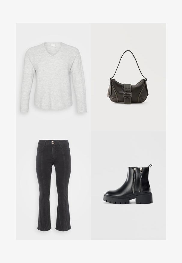 Lys grå langærmet sweater med ribbet tekstur, V-hals og en let buet kant. Blødt materiale med subtile mønstervariationer.; Sorte denim jeans med flared ben og høj talje, der har to forlommer og dobbeltknaplukning, glat tekstur og minimale syninger.; Sorte læder ankelstøver med kraftige såler, sidelukninger og hæl. Glat tekstur med en strop bagpå for nem påtagning.; Sort læder skuldertaske med spænde på remmen, afrundede kanter og kontrasterende hvide syninger på en ensfarvet baggrund.