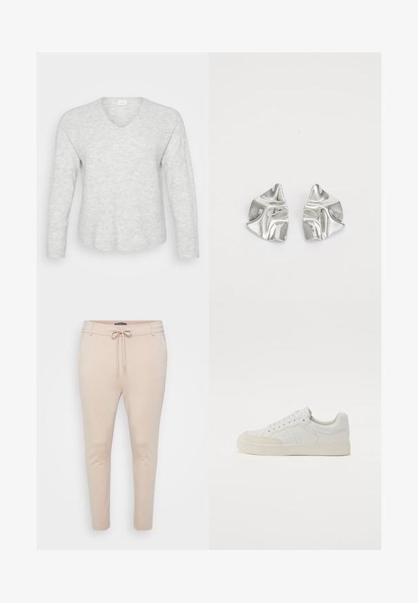 Lys grå langærmet sweater med ribbet tekstur, V-hals og en let buet kant. Blødt materiale med subtile mønstervariationer.; Beige letvægts joggerbukser med snoretræk i taljen og to sidelommer. Glat tekstur, tapered ben og minimalt sømadetail.; Hvide lædersneakers med lav profil, rund tå, perforerede accenter, flade snørebånd og gummisål. Minimalistisk design med beige detaljer.; Sølvmetal øreringe med et bølgende, skulpturelt design, der har en poleret overflade og uregelmæssige former, hvilket fremhæver en moderne æstetik.