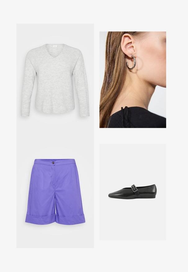 Lys grå langærmet sweater med ribbet tekstur, V-hals og en let buet kant. Blødt materiale med subtile mønstervariationer.; Lilla bomuldsbukser med flad front, enkelt knaplukning og foldet afslutning. Glat tekstur uden synlige mønstre.; Sorte læder flade sko med spidse tæer, prydet med en metallisk spænde over vristen og en lav, fleksibel sål.; Sølv hoop ørestik med en poleret overflade, prydet med små guld accenter og en rund form, båret på øreflippen.