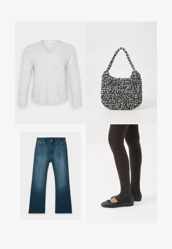 Lichtgrijze trui met lange mouwen, een geribbelde textuur, een V-halslijn en een iets gebogen zoom. Zacht materiaal met subtiele patroonvariaties.; Blauwe jeans met rechte pijpen, voor- en achterzakken, knoop- en ritssluiting, en subtiele vervaagde details op dijen en knieën.; Benen met donkere geribbelde leggings gecombineerd met zwarte ballerina's met kleine strikdetails op een witte achtergrond.; Geweven handtas in zwart en wit met een ronde vorm, gestructureerd oppervlak en een gevlochten handvat. Geschikt voor dagelijks gebruik.