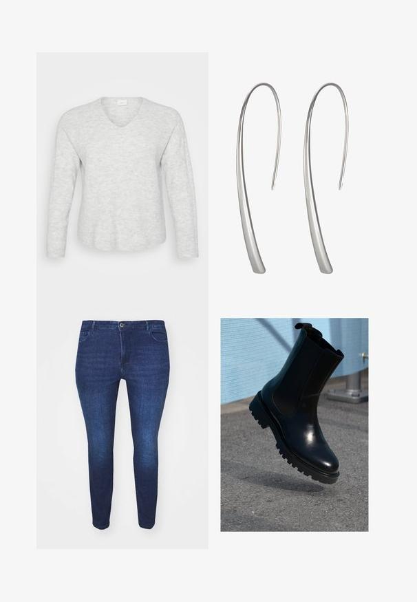 Lys grå langærmet sweater med ribbet tekstur, V-hals og en let buet kant. Blødt materiale med subtile mønstervariationer.; Mørkeblå slim-fit denim jeans med frontknap og lommer, vist fra forsiden mod en hvid baggrund.; Sort ankelstøvle i læder med elastiske sidepaneler, rund tå og en tyk, tekstureret sål. Glat finish med et minimalistisk design.; Lange sølv dråbeøreringe med et slankt, forlænget design og en glat, poleret overflade. Har en minimalistsk buet form.
