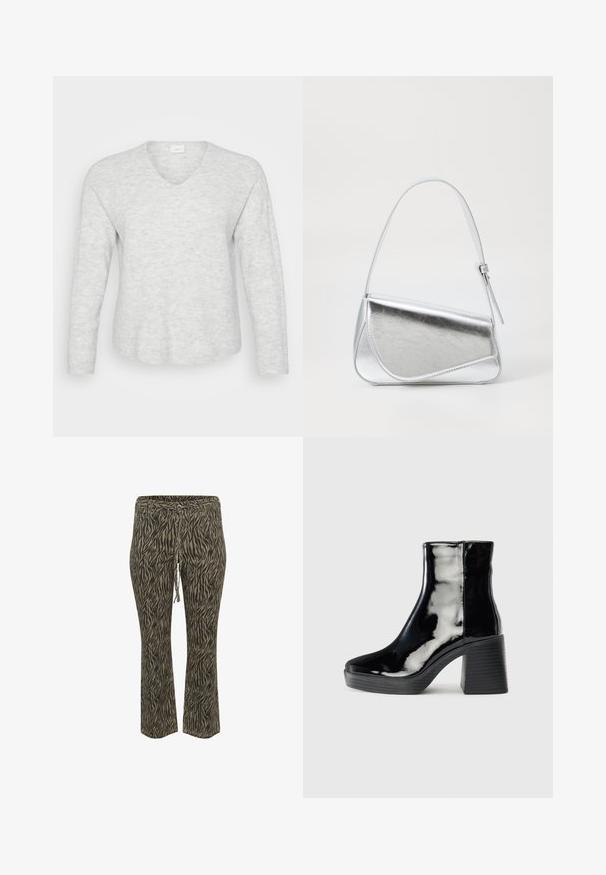 Pull long ajusté gris clair à manches longues avec une texture côtelée, un décolleté en V et un ourlet légèrement courbé. Matériau doux avec de subtiles variations de motifs.; Pantalons à taille élastique avec cordon de serrage, au motif zèbre khaki et beige. Design à taille mi-haute et jambes évasées, texture douce. Conviennent pour un usage décontracté.; Bottines en cuir verni noir avec un haut talon bloc, bout rond et une finition lisse et brillante. Présente des détails de couture verticaux.; Sac à main en métal argenté de forme triangulaire, texture lisse et fine bandoulière réglable. Présente un design rabat avec couture.
