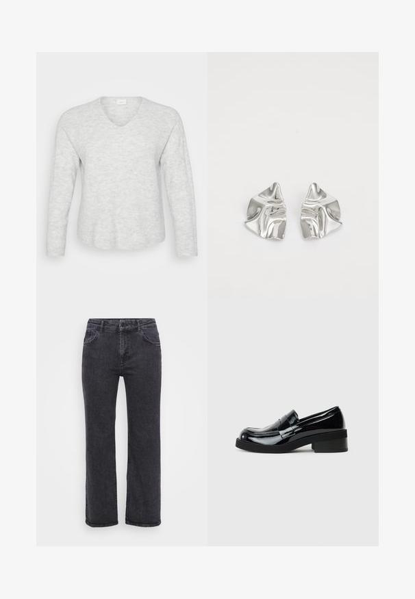 Lys grå langærmet sweater med ribbet tekstur, V-hals og en let buet kant. Blødt materiale med subtile mønstervariationer.; Sorte denim jeans med lige ben design, fem lommer og knaplukning. Stoffet har en let falmet tekstur og robust syning.; Sorte patenterede lædersko med rund tå, lav blokhæl og en glat, blank finish. Har en dekorativ rem over forsiden.; Sølvmetal øreringe med et bølgende, skulpturelt design, der har en poleret overflade og uregelmæssige former, hvilket fremhæver en moderne æstetik.