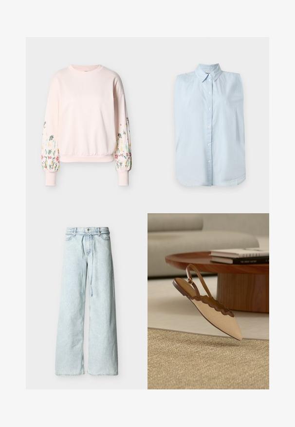 Sweatshirt rose clair avec manches longues bouffantes ornées d'une broderie florale multicolore et poignets ainsi qu'ourlet côtelés.; Chemise sans manches bleu clair à boutons, avec de fines rayures verticales blanches et un col pointu, présentée sur un fond uni.; Jean bleu clair à jambes larges avec une taille haute, bouton à l'avant, passants pour ceinture et une longue ceinture assortie en tissu.; Chaussure plate beige à bout pointu avec liseré festonné marron et bride à boucle, survolant un tapis beige texturé près d'une table en bois.