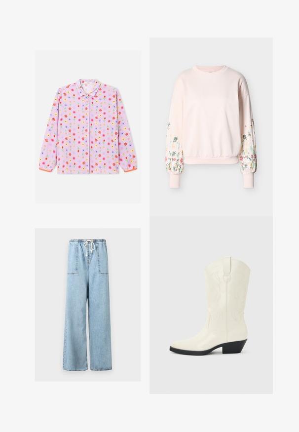 Sweatshirt rose clair avec manches longues bouffantes ornées d'une broderie florale multicolore et poignets ainsi qu'ourlet côtelés.; Chemise à manches longues de couleur violet clair avec un motif floral couvrant en rouge, jaune et bleu. Comprend un col à revers et une fermeture à boutons.; Pantalon en denim bleu clair à jambes larges avec taille élastique et cordon blanc, présentant de grandes poches plaquées à l'avant.; Botte blanche de style western mi-mollet avec bout pointu, talon empilé noir, coutures décoratives et languette de tirage sur la tige.