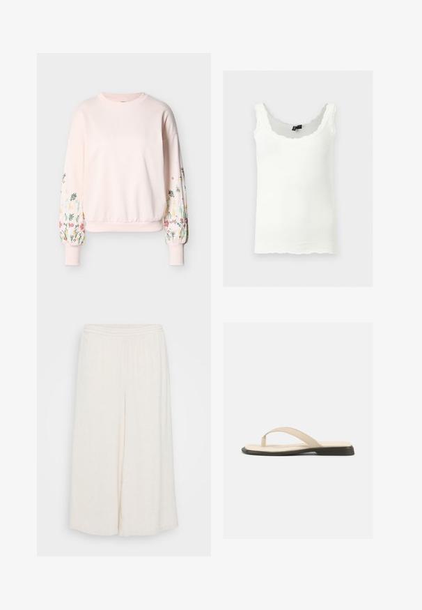 Lyserød sweatshirt med lange puffede ærmer, der har flerfarvet blomsterbroderi og ribkant ved ærmer og kant.; Hvid ribbet tanktop med blondekantede stropper og bølgede kanter, vist mod en lysegrå baggrund.; Hvide linned culotter med elastisk talje, brede ben og en tekstureret overflade. Beklædningen har en løs, afslappet pasform for komfort.; Beige flad thongsandal med polstret fodseng og sort sål, vist fra siden på hvid baggrund.
