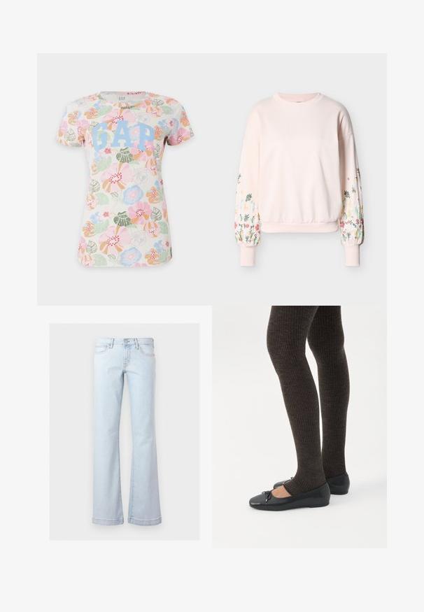 Sweatshirt rose clair avec manches longues bouffantes ornées d'une broderie florale multicolore et poignets ainsi qu'ourlet côtelés.; T-shirt blanc à manches courtes avec des motifs floraux colorés rose, vert, bleu et orange et un grand texte bleu clair "GAP" sur le devant.; Jean en denim bleu clair taille haute avec poches avant, fermeture par boutons et jambes évasées larges.; Jambes portant des leggings côtelés foncés associés à des ballerines noires avec de petits détails en nœud sur fond blanc.
