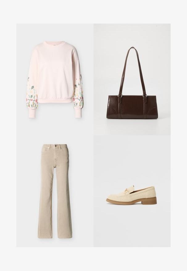 Lyserød sweatshirt med lange puffede ærmer, der har flerfarvet blomsterbroderi og ribkant ved ærmer og kant.; Beige højtaljede jeans med knap- og lynlåslukning foran, fem lommer og en let flared benåbning mod en ensfarvet baggrund.; Beige tekstil loafers med en lav blokhæl, der har et syet design og en dekorativ hardware accent i guldtoner på overdelen.; Brun lakeret håndtaske med rektangulær form, to lange håndtag og subtile buede detaljer på fronten.
