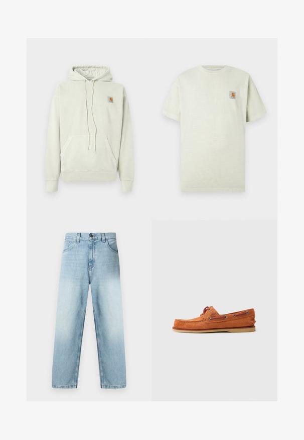 Sudadera gris claro hecha de tela suave, con un bolsillo canguro, capucha con cordón y un pequeño parche de logo en la parte superior izquierda.; Camiseta de algodón verde claro con mangas cortas, escote redondo y un pequeño parche cuadrado con un logo en el lado izquierdo del pecho. Textura suave.; Vaqueros rectos de color azul claro con acabado desgastado, diseño de cinco bolsillos y costuras visibles a lo largo de las costuras. Material de algodón denim.; Zapato náutico de ante naranja con punta redondeada, cordones en contraste, costura decorativa y suela de goma. Vista lateral con detalles mínimos.