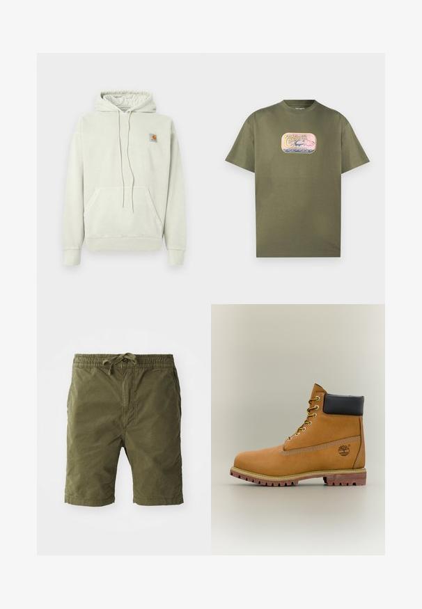 Haut de survêtement gris clair en tissu doux, avec une poche kangourou, une capuche à cordon de serrage et un petit écusson logo sur le côté supérieur gauche.; T-shirt en coton vert olive avec un col rond, présentant un imprimé graphique coloré d'un canoë et des vagues sur le devant. Manches courtes, coupe décontractée.; Shorts vert olive en tissu doux et texturé. Présentent une taille élastique avec cordon de serrage et des poches latérales.; Bottine en cuir marron avec col noir, lacets jaunes et semelle beige. Présente un logo et des détails de couture blanche. Semelle extérieure à traction robuste.