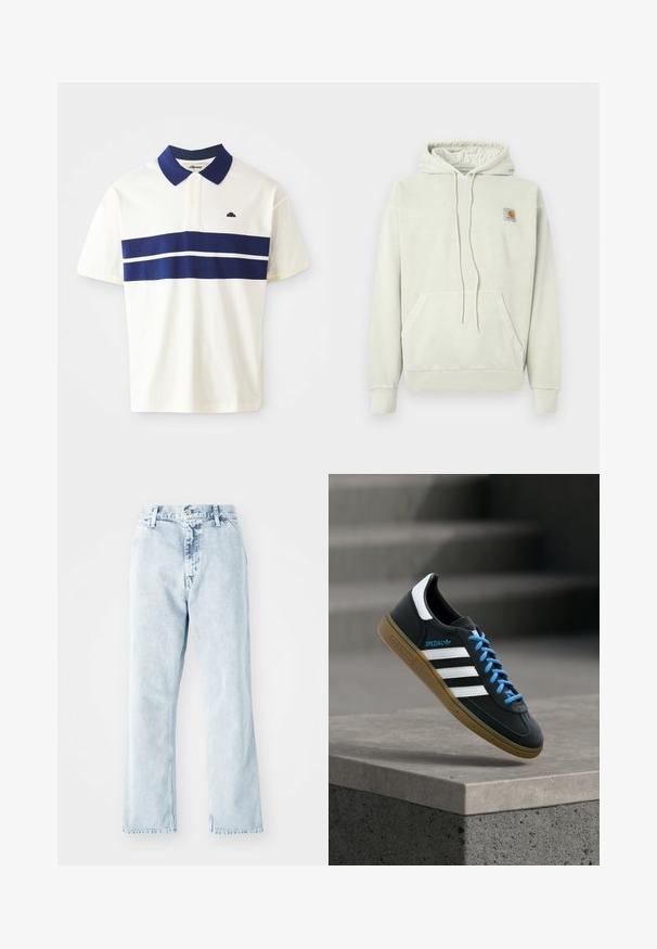 Hoodie vaaleanharmaasta pehmeästä kankaasta, jossa on kengurupussi, nyöritettävä huppu ja pieni logopatchi vasemmassa ylänurkassa.; Polo shirt putih dengan garis navy membentang di dada dan kerah. Memiliki lengan pendek dan logo kecil di sisi kiri dekat kerah.; Vaaleansiniset farkut, joissa on suora lahje, korkea vyötärö, viisi taskua ja nappikiinnitys. Haalistunut tekstuuri kauttaaltaan.; Musta Adidas-tennari valkoisilla raidoilla, sinisillä nauhoilla ja kumipohjalla kelluu pehmeässä valossa harmaan betonisen portaan yllä.