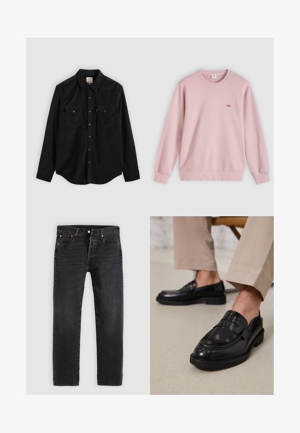 Lyserød crewneck-sweatshirt med lange ærmer og lille rødt Levi’s-logo på venstre bryst, vist på en flad lys baggrund.; Sort corduroy-skjorte med lange ærmer, knaplukning, to brystlommer og en spids krave. Tekstureret stof med en glat finish.; Sorte jeans i denim med en lige pasform, der har to forlommer, en møntlomme og metalnitter. Klassisk design med fem lommer.; Sorte lædermokkasiner med en glat overflade, der har en dekorativ rem og kontraststing, parret med beige bukser.