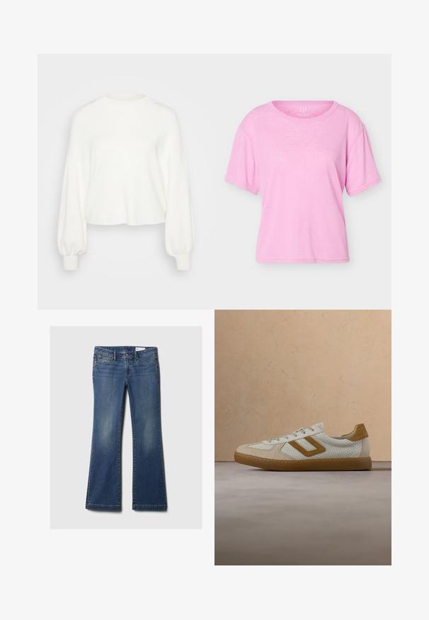 Hvid cropped sweater lavet af blødt strikstof. Har lange, puffede ærmer med ribbede manchetter og en rund halsudskæring.; Lyserød kortærmet bomuld T-shirt med rund halsudskæring, løs pasform og synligt GAP-mærke indeni kraven.; Blå denim flared jeans med fem lommer, kobbernitter, subtilt slid, og et klassisk taljebånddesign. Lige skåret kant forneden.; Hvid sneaker med perforeret overdel, lysebrune ruskindsdetaljer og lysbrun gummisål. Har snørebånd og et minimalistisk design.