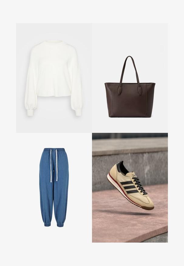 Witte, cropped trui gemaakt van zachte breisels. Heeft lange, bolle mouwen met ribbelmanchetten en een ronde halsontwerp.; Blauwe denim joggerbroek met elastische tailleband en boorden, met witte aantrekkoorden in de taille.; Beige Adidas sneaker met zwarte strepen en veters zwevend boven een roze betonnen oppervlakte buiten.; Bruine leren tote bag met twee bovenhandvaten, rechthoekige vorm, minimalistisch design en stiksels langs de randen.