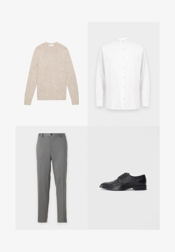 Lys beige strikket sweater med rund halsudskæring, lange ærmer og spraglet tekstur. Ribstrikkede manchetter og kant giver subtile accenter.; Hvid langærmet skjorte med knaplukning, mandarinhals, forreste knapper og lige kant, vist på en lysegrå baggrund.; Grå skræddersyede bukser med en glat tekstur, let mønster, lynlås- og knaplukning, forlommer og tapered ben.; Sorte læder dress sko med en glat finish, rund tå og snørebåndsdesign; har syning detaljer på overdelen og en flad sål.