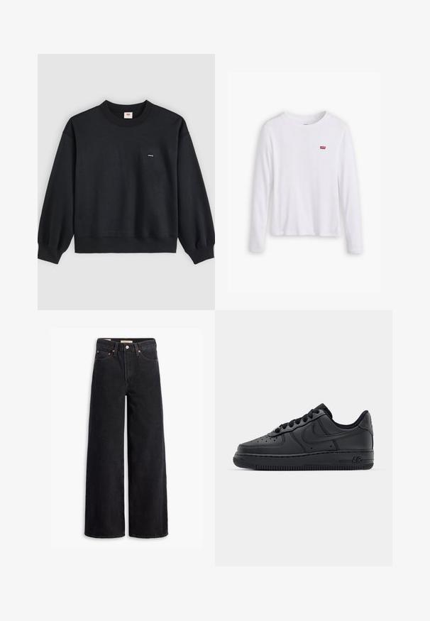 Sort crewneck sweatshirt med lange ærmer og lille hvid Levi's-logo på venstre bryst, vist på en ensfarvet baggrund.; Hvid langærmet skjorte lavet af blødt bomuld. Har et lille rødt Levi's logo på venstre bryst. Klassisk crew neck design.; Sorte brede benjeans lavet af denim, med fem lommer, kobbernitter og en klassisk knaplukning. Glat tekstur med et rent design.; Sorte lædersneakers med perforeret tåboks, flade snørebånd og gummisål. Har et lille logo på siden og tekstureret detaljering.