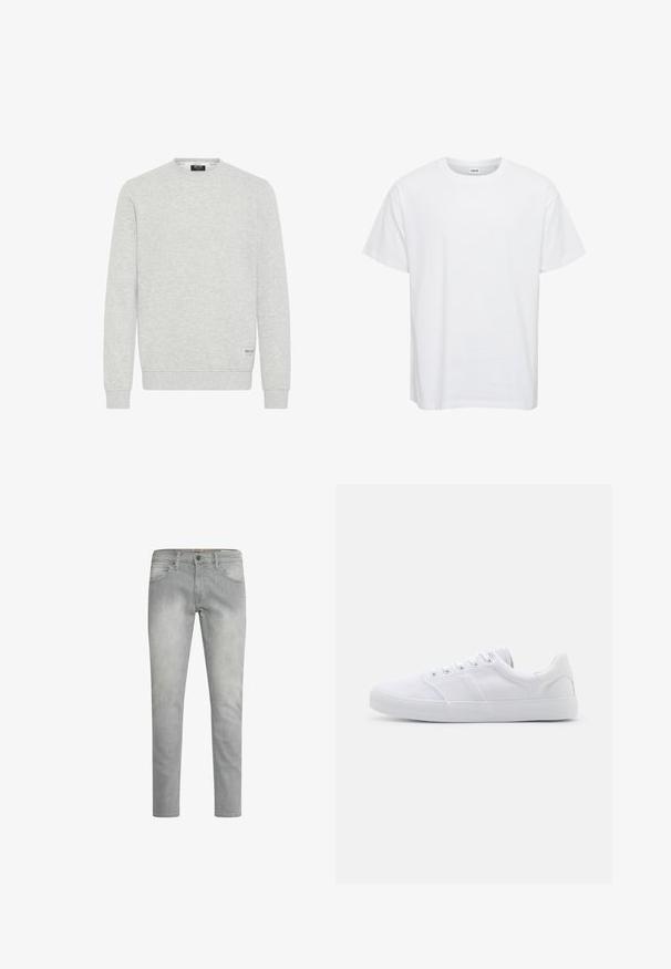 Sweat-shirt gris clair, col rond, manches longues, fabriqué en tissu doux en mélange de coton, avec des bords côtelés aux poignets et à l'ourlet, arborant une petite étiquette logo en bas.; T-shirt en coton blanc à manches courtes, col rond et coupe décontractée. Texture lisse, sans motifs ni accents. Design simple.; Jeans gris clair avec une coupe droite, un léger délavage, des poches avant et une fermeture à bouton classique à la taille.; Baskets en toile blanches avec une semelle en caoutchouc, dotées de six œillets, d'un embout texturé et d'un design minimaliste.
