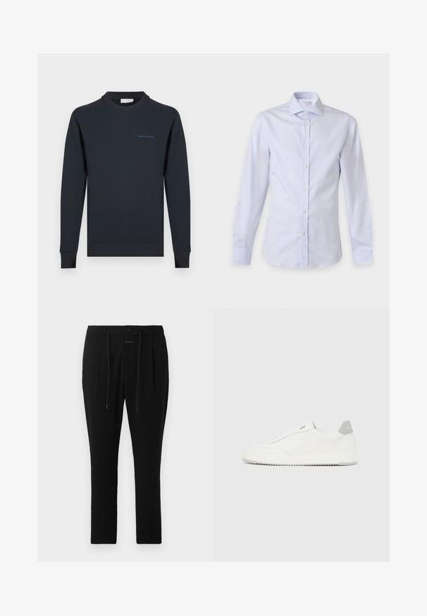 Sweat-shirt col ras du cou bleu marine en coton. Comprend des poignets et un ourlet côtelés, avec le texte "TIGER OF SWEDEN" en bleu sur la poitrine.; Chemise à manches longues rayée verticalement bleu clair et blanc avec col pointu et boutons blancs sur le devant.; CLOSED VIGO TAPERED - Chino - dark night; Baskets basses blanches avec un onglet de talon gris, des lacets blancs et une semelle texturée, présentées sur un fond uni clair.