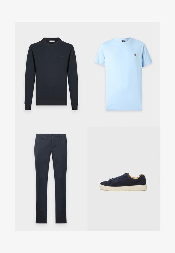 Sweat-shirt col ras du cou bleu marine en coton. Comprend des poignets et un ourlet côtelés, avec le texte "TIGER OF SWEDEN" en bleu sur la poitrine.; T-shirt bleu clair à manches courtes avec un petit logo zèbre multicolore brodé sur la poitrine gauche.; Pantalon slim bleu marine avec poches avant, passants pour ceinture et fermeture éclair devant, posé à plat sur un fond blanc.; Baskets basses en suede bleu marine avec bout arrondi, semelle en caoutchouc blanc cassé et lacets assortis ; dotées d'une doublure intérieure contrastante couleur tan.