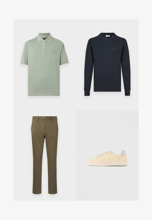 Sweat-shirt col ras du cou bleu marine en coton. Comprend des poignets et un ourlet côtelés, avec le texte "TIGER OF SWEDEN" en bleu sur la poitrine.; Polo à manches courtes vert clair avec trois boutons blancs, bordure de col blanche et petit logo Armani Exchange sur la poitrine.; Pantalon vert olive pour homme, coupe slim, avec passants de ceinture, poches latérales et fermeture éclair avant dissimulée, sur fond blanc.; Baskets basses beige à lacets, semelle rose clair et languette grise à l'arrière marquée "Filling Pieces", vues de profil sur fond uni.