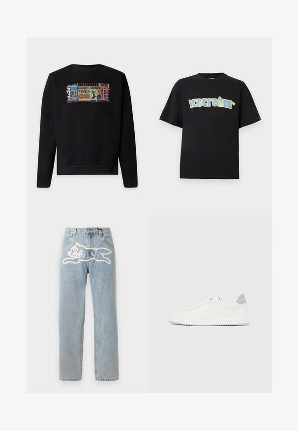 Sort sweatshirt med farverigt broderi af en gadescene med bygninger, en cykel, blomster og en person, der sidder på en bænk.; Sort t-shirt med korte ærmer med et stort gult og blåt "icecream"-motiv med en skøjtefigur. Blødt, glat stof; afslappet pasform.; Lyselavendel denim jeans med en lige pasform, der har et stort hvidt grafik af en kat på ryggen. Klassisk fem-lommers design.; Hvid lavtop-sneaker med gråt hælflig, hvide snørebånd og tekstureret sål, vist på en ensfarvet lys baggrund.