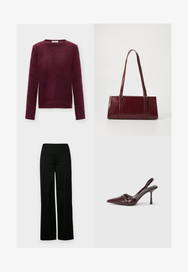 Pull femme manches longues bordeaux à col rond, tissu en maille douce et moelleuse avec un ourlet droit.; Pantalon large noir avec une texture lisse et de fines rayures verticales discrètes. Il présente une taille haute et une coupe droite de la hanche à l'ourlet.; Escarpin slingback en cuir verni bordeaux avec bout pointu, fine bride à la cheville et petit détail décoratif de boucle. Texture lisse et talon haut.; Sac à main bordeaux en matériau brillant, de forme rectangulaire, avec deux anses et des accents légèrement courbés à l'avant.