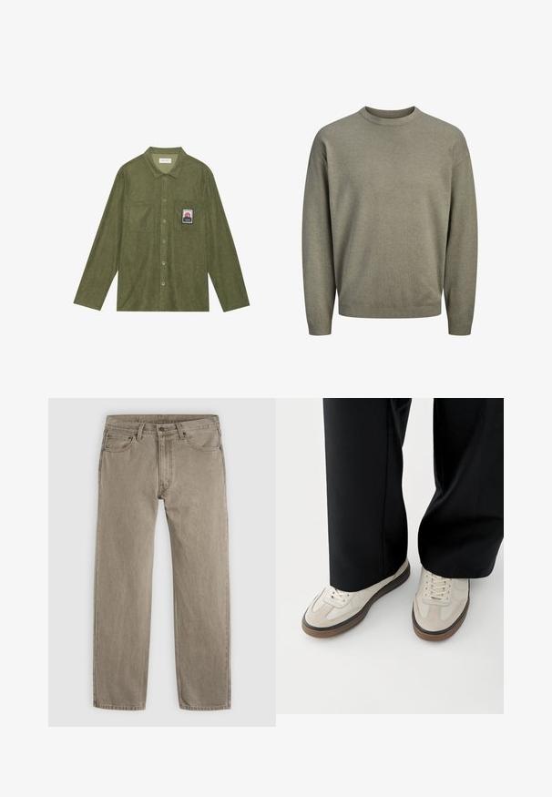 Pull vert olive à col rond avec manches longues et poignets et ourlet côtelés, présenté sur fond blanc.; Chemise en velours côtelé vert olive à manches longues, fermeture boutonnée, deux poches poitrine, et un patch graphique de montagne sur la poche gauche.; Jean beige à jambes droites avec poches avant, passants de ceinture et fermeture par bouton, présenté sur un fond gris.; Pieds portant des baskets beige avec des semelles marron et un pantalon noir à jambes larges sur fond blanc.