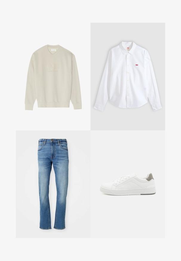 Beige sweatshirt met ronde hals, lange mouwen en geribbelde boorden. Heeft geborduurde tekst "ONE" en "PREMIUM QUALITY GOODS" in bijpassende draad.; Witte blouse met lange mouwen, knoopsluiting en kraag, met klein rood Levi's-logo op het linkerborstgedeelte op een neutrale achtergrond.; Lichtblauwe denim jeans met een rechte pasvorm, voorzien van een klassiek vijf-pocket ontwerp, subtiele wassing en contrasterende stikseldetails.; Witte sneaker van glad leer met een ronde neus, minimalistisch ontwerp, grijze hielaccent en een geplaatste rubberen zool.