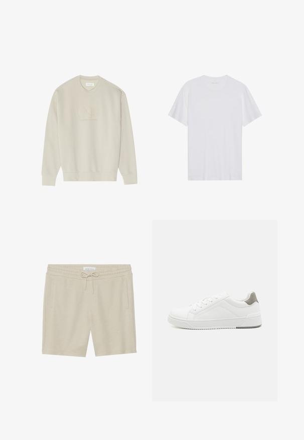 Sweat-shirt beige à col rond, manches longues et poignets côtelés. Présente les broderies "ONE" et "PREMIUM QUALITY GOODS" en fil assorti.; T-shirt en coton blanc à manches courtes, col rond et texture lisse. Présente un branding minimal au niveau du col.; Shorts de couleur khaki en tissu doux, dotés d'une taille à cordon de serrage, de deux poches latérales et d'une coupe décontractée.; Basket blanche en cuir lisse, à bout arrondi, design minimaliste, accent de talon gris et semelle en caoutchouc texturé.