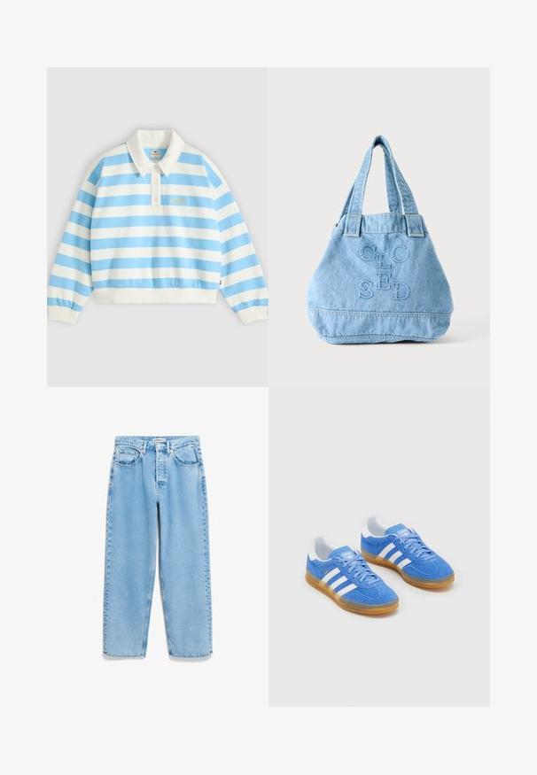 Polo de manga larga con rayas horizontales blancas y azules, tres botones frontales, cuello blanco y logo amarillo de Levi's en el pecho.; Vaqueros de mezclilla azul claro con un corte holgado, cintura alta, diseño de cinco bolsillos y un ligero deslavado a lo largo de las costuras de las piernas.; Zapatillas deportivas azules de ante con acentos de rayas blancas, suela de goma y cuello acolchado para mayor comodidad. Presenta un diseño clásico de cordones.; Bolsa tote de denim azul claro con asas dobles y la palabra "CLOSED" bordada en letras grandes en el frente.