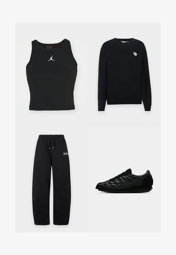 Zwarte sweatshirt van katoen. Heeft lange mouwen, een ronde halslijn en een kleine witte bloemenborduursel op de linkerborst.; Zwarte, op maat gemaakte tanktop van katoen, met een ronde halslijn en een wit Jordan-logo dat op het midden van de voorkant is gestikt. Soepele textuur.; Zwarte wijdvallende sweatpants met elastische tailleband en trekkoord, met een klein wit "jordan" logo op de rechter dij.; Zwarte sportieve schoen met een gestructureerde bovenkant met diamanten patronen, gladde leren accenten en een rubberen zool met kleine nopjes.