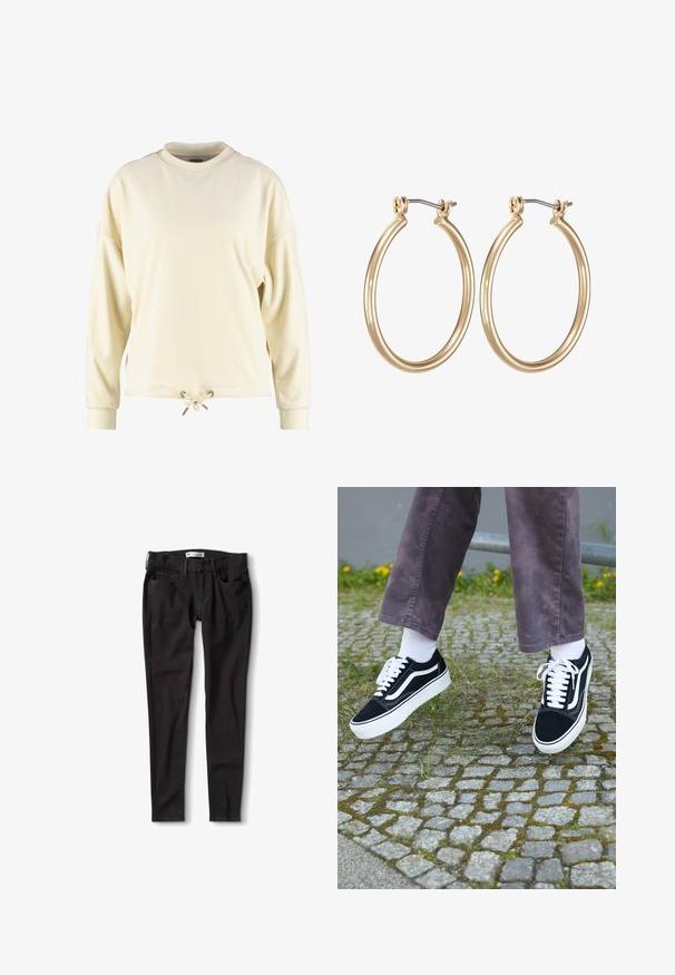 Kreemivärvi sweatshirt ümmarguse kaelusega, pikkade varrukatega ja nööriga äärega. Kangas on pehme ja sileda tekstuuriga.; Mustad džinsid mustas värvuses, sirge lõikega, tavalise pihiku, vööaukude ja kahe ees oleva taskuga. Sile tekstuur, minimaalne riistvara.; Mustad nubukist spordijalatsid valgete detailidega, millel on ümar nina, paks valge tald ja klassikaline sidumise disain, kantud valgete sokkide ja lilla pükste juurde.; Kuldsed metallist rõngaskõrvarõngad sujuva ringikujulise disainiga ja kindla hingedega sulgemisega. Kerged ja poleeritud viimistlusega.