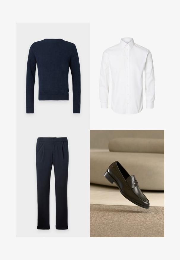 Suéter de punto azul marino con un patrón texturizado, mangas largas, cuello redondo y puños y dobladillo acanalados. Presenta un sutil logotipo en el lateral.; Camisa blanca de manga larga con cuello puntiagudo, botones visibles en la parte delantera y puños abotonados.; Pantalones azul marino de tela suave, con cintura elástica, pliegues en la parte delantera y dobladillos con puños. Textura suave, diseño minimalista.; Zapato mocasín de cuero negro flotando sobre una alfombra beige con un sofá beige en el fondo, mostrando el diseño clásico para hombres sin cordones.