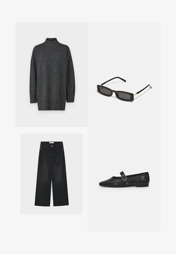 Mørkegrå, oversized turtleneck sweater lavet af blødt strikkemateriale med lange ærmer og ribbet kant; glat tekstur, minimalistisk design.; Sorte vidde jeans med høj talje, bæltestropper, forreste knap- og lynlåslukning samt et stofbælte bundet i taljen.; Sorte læder flade sko med rund tå, et enkelt justerbart spænde og en glat, blank overflade. Minimalistisk design med en lav hæl.; Sorte rektangulære solbriller med mørke linser, glansfulde plastikstel og guld accenter på stængerne. Minimalistisk design og slank form.