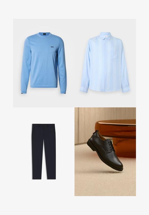 Suéter azul claro hecho de una tela de punto suave, con cuello redondo, mangas largas y un pequeño logo negro en el pecho.; Camisa azul claro de manga larga con botones, rayas blancas verticales y un bolsillo en el pecho sobre un fondo gris liso.; Pantalones azul marino con un corte ajustado, que cuentan con dos bolsillos frontales, un diseño plano en la parte delantera y una textura suave. Sin patrones ni adornos visibles.; Zapato de vestir de cuero negro con cordones, posicionado flotando sobre una alfombra beige claro, mesa redonda naranja al fondo.