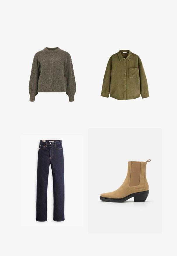 Brun strikket sweater med rund halsudskæring, tekstureret overflade og ballonærmer. Har en midterseam og ribbet kant.; Oliven grøn kordfløjls skjorte med lange ærmer, kravehals, knaplukninger og en brystlomme. Tekstureret stof med lodrette striber.; Mørkeblå straight-leg denim jeans med fem lommer og synlig orange syning på hvid baggrund.; Suedes ankelstøvle i lys brun med elastiske sidepaneler, spids tå og en medium blokhæl. Har en træktab ved hælen.