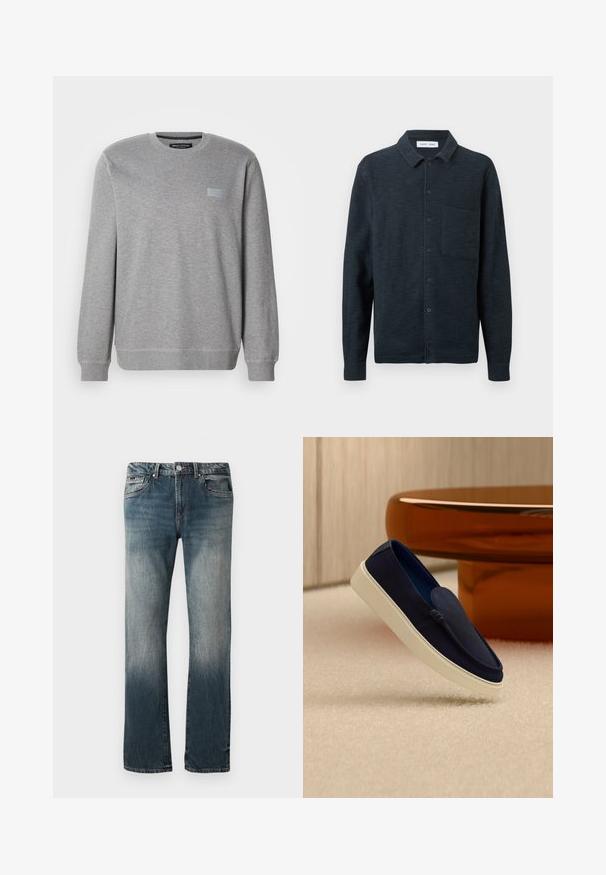 Grauer Sweatshirt mit Rundhalsausschnitt, langen Ärmeln und gerippten Bündchen. Klassisches Design mit einem kleinen rechteckigen Logopatch auf der Vorderseite.; Dunkelblaues strukturiertes Langarm-Hemd mit Knopfleiste, Kragen und einer einzelnen Brusttasche auf der linken Seite vor einfarbigem Hintergrund.; Herrliche gerade geschnittene blaue Denim-Jeans mit ausgewaschenem Effekt und Fünf-Taschen-Design auf weißem Hintergrund.; Marineblauer Slipper mit weißer Sohle, der über einem beigen Teppich hängt, im unscharfen Hintergrund ein glänzender brauner runder Tisch.