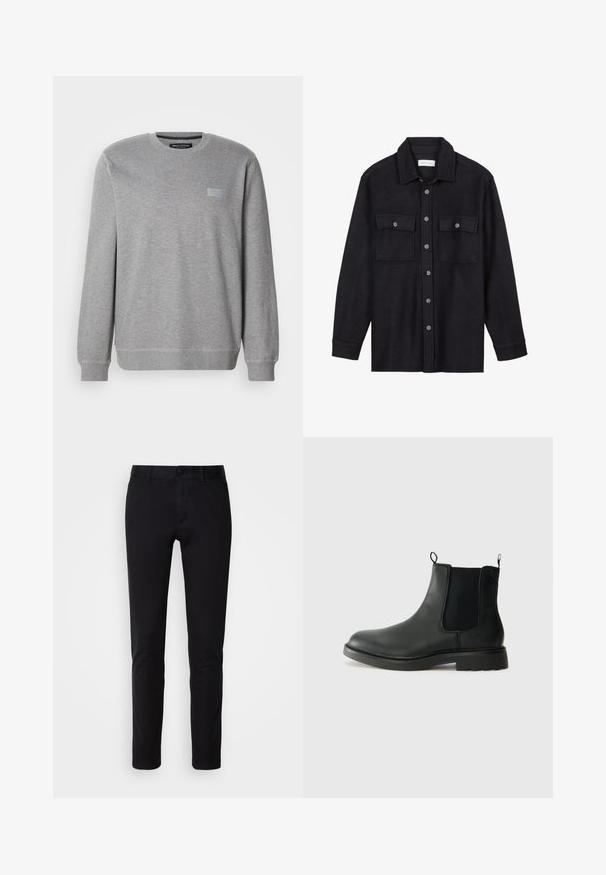 Sweat-shirt gris à col rond, manches longues et poignets côtelés. Design classique avec un petit patch logo rectangulaire à l'avant.; Veste-chemise en laine noire avec un col pointu, une fermeture à boutons sur le devant et deux poches poitrine. Dotée de boutons ton sur ton et d'une coupe décontractée.; Pantalons noirs en coton lisse, avec une coupe droite, des poches avant, une fermeture à bouton et une finition soignée.; Bottines Chelsea en cuir noir avec des panneaux élastiques sur les côtés, des languettes de tirage, un bout arrondi et une semelle en caoutchouc texturée. Surface lisse et design robuste.